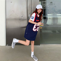 Fake two-piece t-shirt skirt female 2021 summer girl new street college style sports style basketball suit mid-length ins