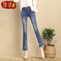 Break hole micro jeans women 2021 Spring and Autumn New High waist slim nine points plus velvet horn women pants