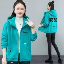 Pellet velvet zipper jacket women autumn and winter plus velvet thickened new hooded cardigan Foreign Air Age-reducing short top