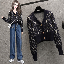 Big code Womens dress 2022 Spring new fat sister Conspicuine Skinny Knit Cardiovert Blouse Fashion Sweater Jacket Tide