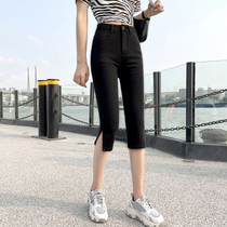  Black straight three-point jeans womens high waist 2021 new large size stretch thin summer thin split pants