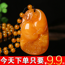 Old beeswax pendant mens and womens chicken oil yellow amber National style long necklace second generation beeswax pendant sweater chain