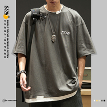 Short-sleeved t-shirt mens fake two-piece Japanese letter embroidery top summer boys casual trend loose all-match half sleeve