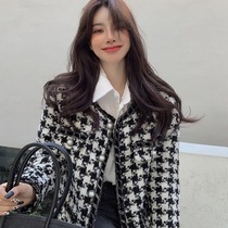 小香风千鸟格夹棉加厚外套女炸街高级感气质名媛开衫上衣秋冬新款