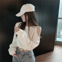2021 new autumn fried street off-the-shoulder high waist short section exposed navel sweater female Korean loose thin long sleeve top