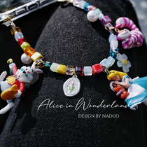 Naduo Handmade Crystal Beaded Alice in Wonderland Cheshire Cat Versatile Mobile Phone Chain Keychain Bag Hanging Gift