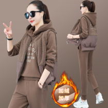 Plus velvet sports set womens autumn and winter 2021 New Fashion famous brand Foreign Air reduced age thick sweater casual three-piece set