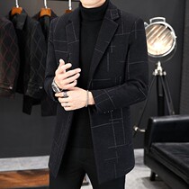 High-end plaid woolen coat mens long winter plus velvet thickened trend slim mens cashmere woolen coat