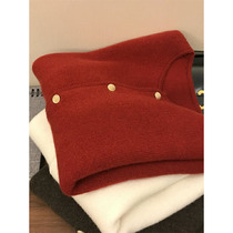 Korean autumn and winter vintage red knitted cardigan blouse small fragrant cashmere loose soft waxy sweater coat European
