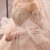 Heavy industry luxury wedding dress female 2021 new bridal temperament long-sleeved forest super fairy dream tail thin one shoulder