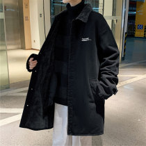 Long denim trench coat male fat big size padded lamb cashmere premium mens Japanese coat winter