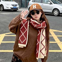 Scarf Women Winter Double Knitting Korean New Year Gift Wool Red Plaid Scarf Thick Warm Joker Bib