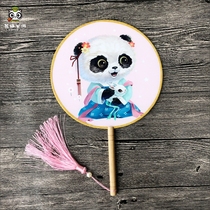 Panda love tour Chinese ancient style panda hand-painted Group fan Hanfu props long handle retro small round fan Chengdu gift