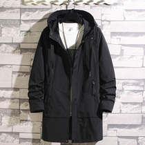 Mens hooded jacket 2021 autumn new casual medium and long windbreaker mens casual solid color slim jacket autumn