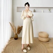 Pregnant womens autumn dress knitted autumn and winter long sleeve fashion v-collar long style inside and outside wear knee commute solid color