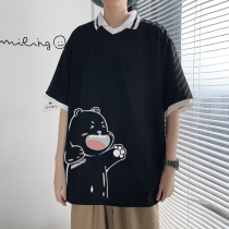Cute bear ice silk lapel short-sleeved polo shirt mens summer tide loose junior high school students v-neck pineapple shirt with collar T-shirt