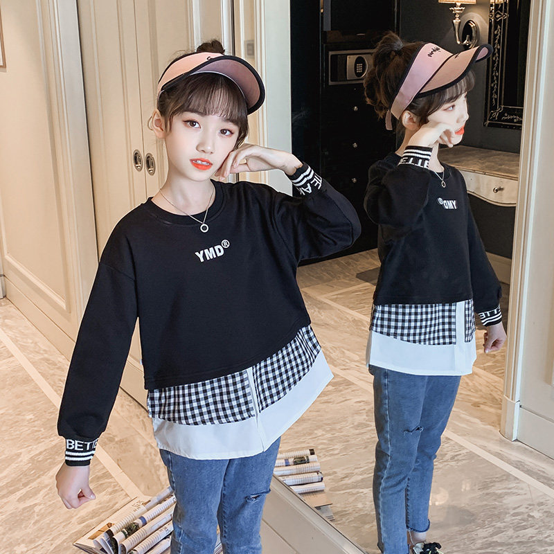 Students on the guard clothing 2021 spring new round-necked girl yang gas Korean version of the fake two pieces of childrens network red tide