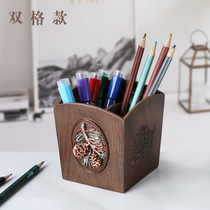 Pen Holder Retro China Wind Creativity Fashion Makeup Brush Drum Containing Box Imitation Solid Wood Textured Student Desktop Pen Holder American