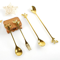 Net red gold long handle stainless steel stirring coffee spoon ins leaves Exquisite metal dessert spoon teaspoon fruit fork