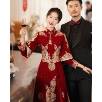 Cheongsam Toast Bride 2021 New Winter Red Beauty Clothes High-end Small Red Skirt Long Sleeve Wedding Evening Women