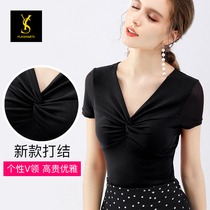 Latin dance top Womens adult short sleeve body suit Modern dance practice suit v-neck professional dance suit Dance clothes