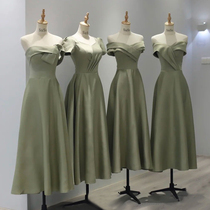 Bridesmaid 2021 new winter green fairy temperament sister group long dress host evening dress satin female spring and autumn