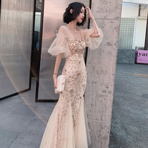 High-end evening dress skirt female 2021 new summer banquet temperament fishtail long style host socialite fairy noble