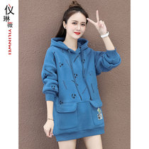 Senior sense long hooded sweater women 2021 this years new autumn and winter velvet thickened loose explosive coat