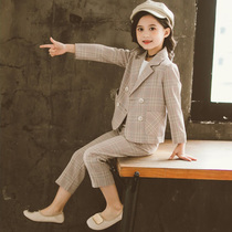 Childrens suit 2021 new little girl Korean version of foreign style plaid pleated skirt girls spring and autumn culottes suit suit suit