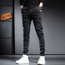 High-end jeans mens autumn and winter 2021 New slim feet plus velvet trousers mens elastic waist casual pants