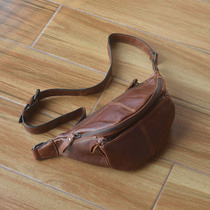 Real leather running bag men multifunctional real cowhide leather small satchel men trendy brand street trend leisure retro sports running bag soft