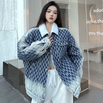 Winter new American retro diamond lamb wool denim jacket female oversize tide brand thickened warm cotton coat