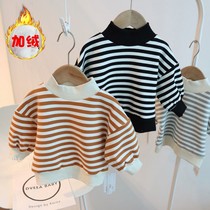Korean version of autumn and winter striped semi-high collar vests for boys and girls plus velvet padded jacket foreign style children's shirts Joker tide