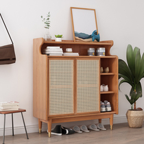 Nordic solid wood shoe cabinet Simple Japanese-style small entrance cabinet Household door large capacity rattan storage locker