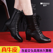 Sailor dance boots high boots wear dance shoes womens autumn new leather square dance shoes soft bottom Black