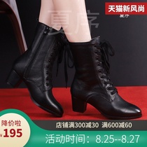 Sailor dance boots medium high boots outer wear dance shoes womens autumn new leather square dance shoes soft sole black