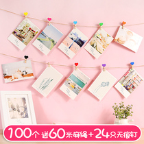 Color photo clip Love wooden sticky note hemp rope clip Photo wall hanging rope Photo clip Postcard message Photo rope with clip set Photo wall decoration cartoon wooden clip