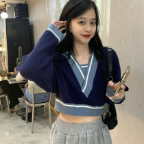  Very fairy royal blue short knitted sweater women wear outside autumn and winter 2021 new lazy wind pullover v-neck top