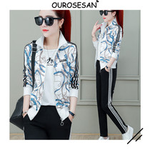 OUROSESAN Sports Set Women Spring and Autumn 2021 New Fashion Print Size Slim Sweatshirt Three Piece Set
