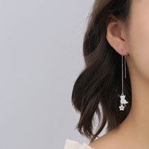 s925 Pure Silver Cherry Blossom Cat Ear Line Female Niche Design Sensation Asymmetrical Flow Su Earrings Sensual Super Fairy face thinner