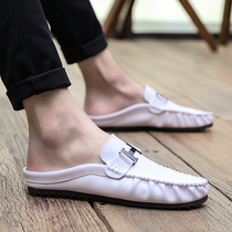 Bean Bean Shoes Man Breathable Casual Soft Leather Trendy Sloth 2022 New spring Soft bottom white Half slipper Summer