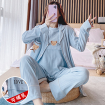 Pure cotton moon suit Spring and autumn postpartum pregnant woman breastfeeding feeding maternal summer cute home dress three-piece suit blue