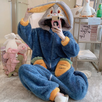 One-piece coral velvet pajamas womens winter thickened cute new autumn and winter 2021 long sleeve home clothing set radish