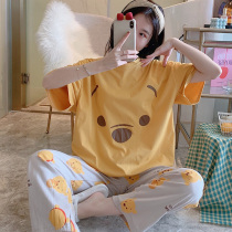Pajamas womens summer pure cotton short-sleeved Korean version yellow cute cartoon trousers thin 2021 loose homewear suit