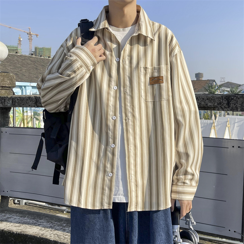 Japanese Cityboy Striped Polo Neck Shirt Men's Spring Loose Versatile Youth Shirt Trendy Brand BF Style Coat