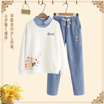 2021 sportswear suit women Spring Autumn Junior High School High School students casual sweater jeans big boy two-piece set