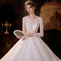 French light main wedding dress 202021 new bride big tailing long sleeve V collar high design texture winter