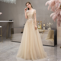 Golden high-end short-sleeved Queen aura 2021 new evening dress bride toast temperament banquet large size thin