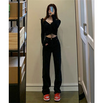Black high waist plus velvet jeans women straight tube chic autumn and winter 2021 New loose thin wide leg mopping pants