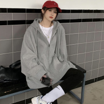 2021 new spring and autumn loose Korean version oversize gray hooded sweater zipper jacket female ins tide top